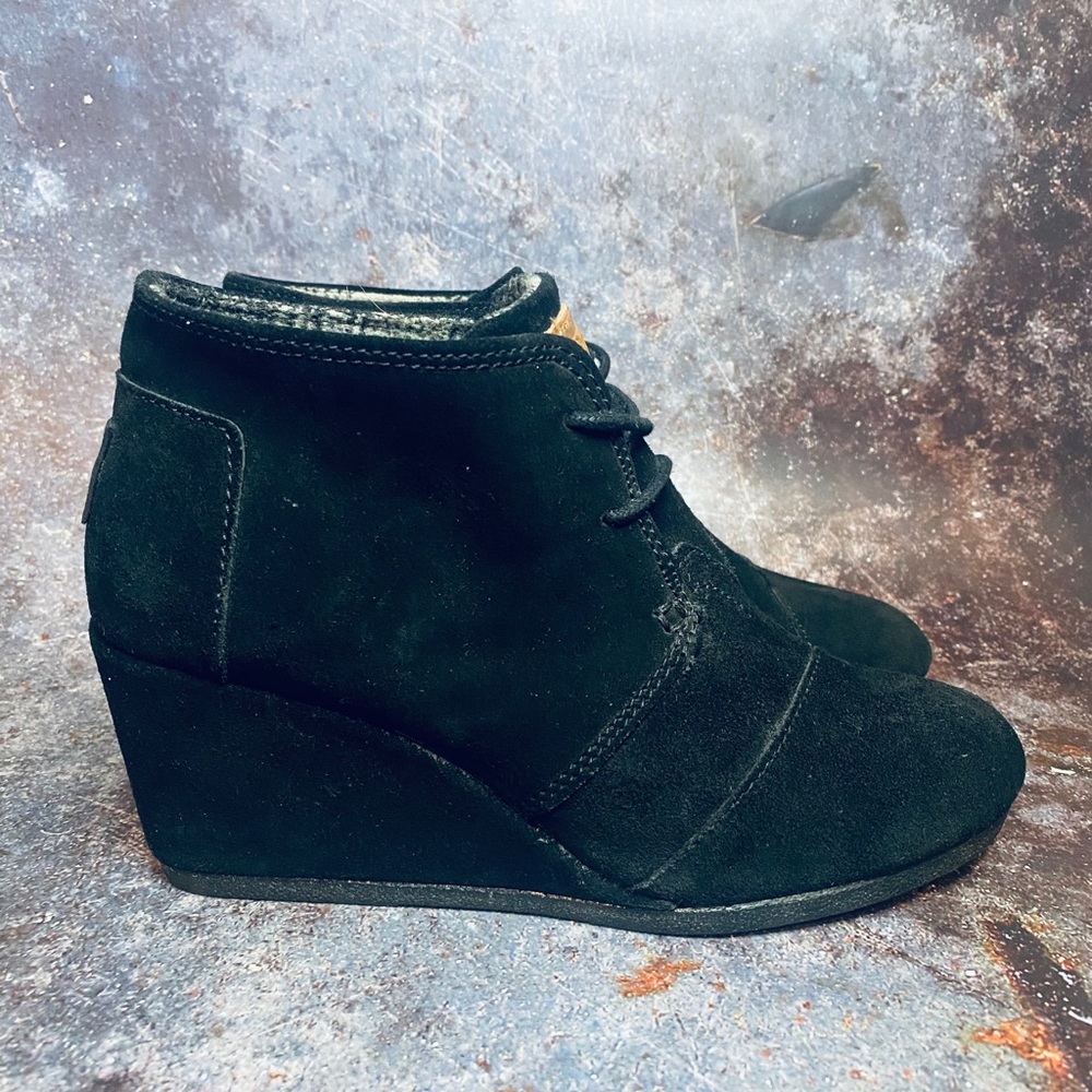 Tom's Black Suede Wedge Bootie